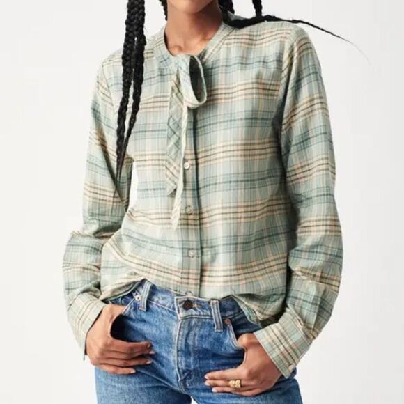 Faherty blue and green plaid button down long sleeve shirt w neck tie Sz small - Picture 6 of 11